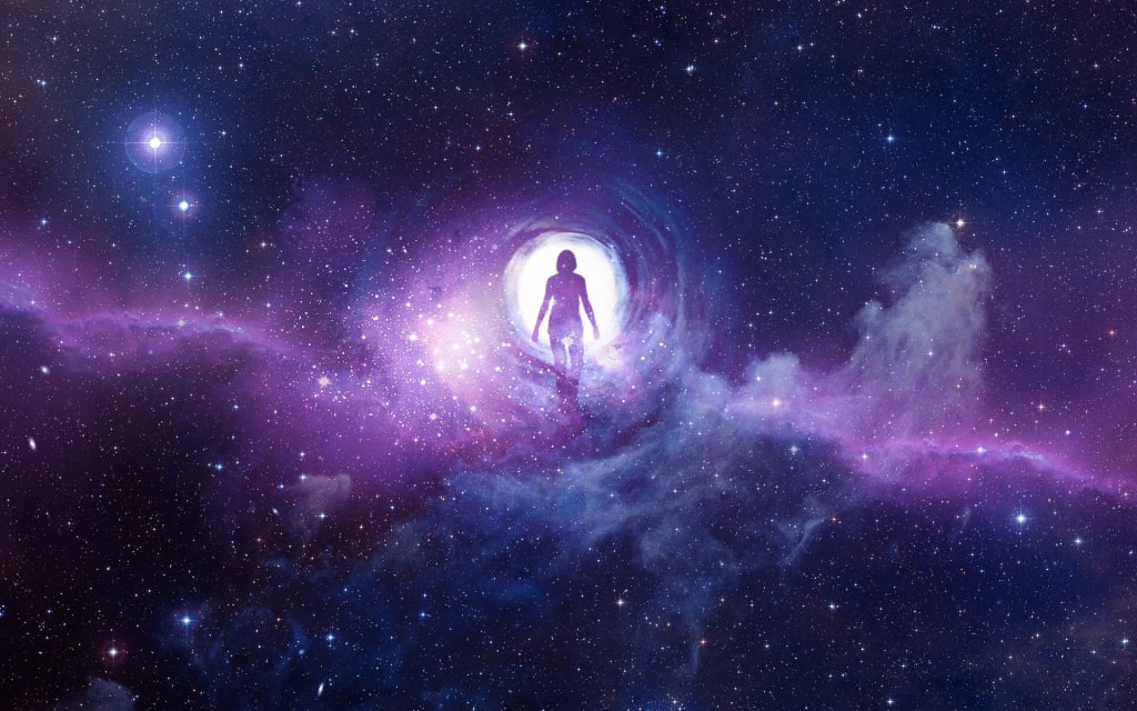 A silhouette walking into a tunnel of light within a purple star-filled nebula